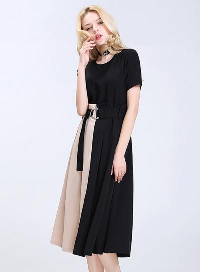 Oasap Fashion Short Sleeve Color Block Midi Pleated Dress With Belt