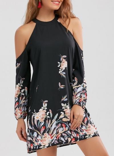 Oasap Halter Neck Long Sleeve Off Shoulder Dress