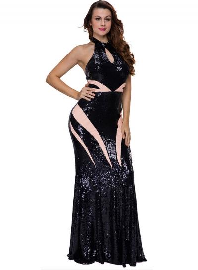 Oasap Halter Backless Sequins Long Evening Dress