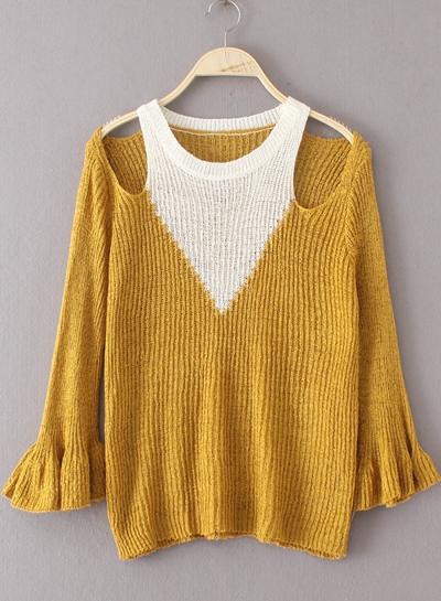 Oasap Round Neck Off Shoulder Flounce Sleeve Color Block Sweater