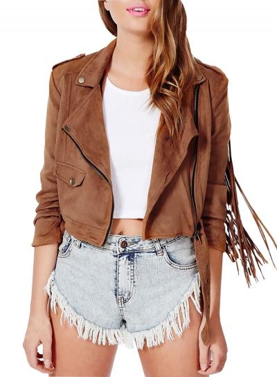 Oasap Women's Faux Suede Shawl Collar Tasseled Cropped Jacket