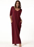 Oasap Solid Color 3/4 Sleeve V Neck Maxi Dress With Pocket