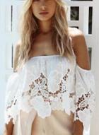 Oasap Off Shoulder Flare Sleeve Floral Lace Blouse