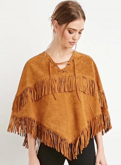 Oasap Women Faux Suede Lace Up Tasseled Cape Coat