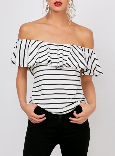 Oasap Off Shoulder Ruffle Striped Slim T-shirt