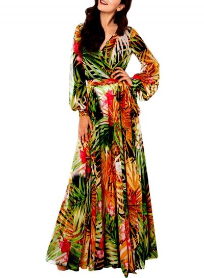 Oasap Women V-neck Long Sleeve Tie Waist Print Chiffon Dress