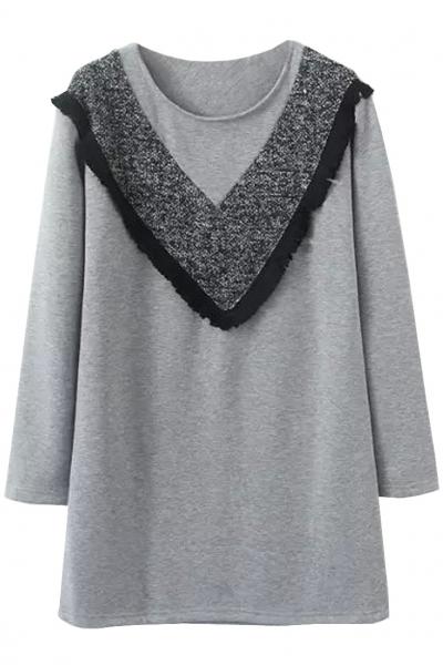 Oasap Paneled Fringed V Long Sweatshirt