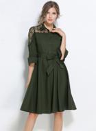 Oasap Turn Down Collar Lace Splicing Midi Dresses