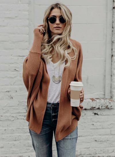 Oasap Open Front Batwing Sleeve Loose Cardigan