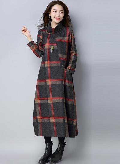 Oasap High Neck Long Sleeve Thicken Plaid Dress