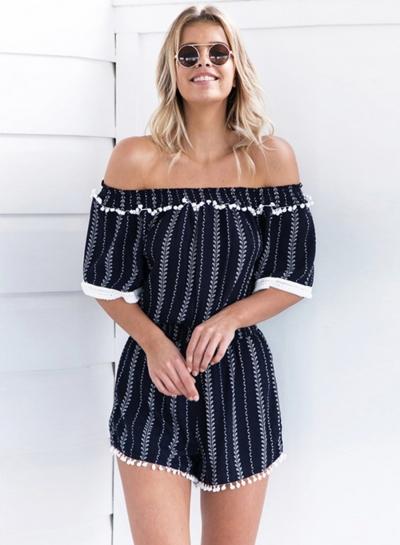 Oasap Loose Striped Off Shoulder Jumpsuits Romper