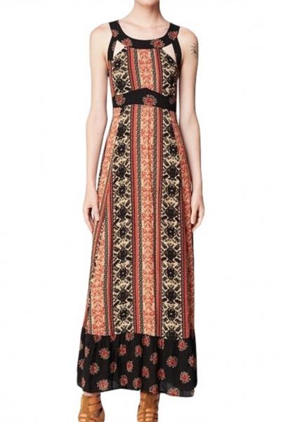 Oasap Floral Print Cut-out Lace-up Back Maxi Dress