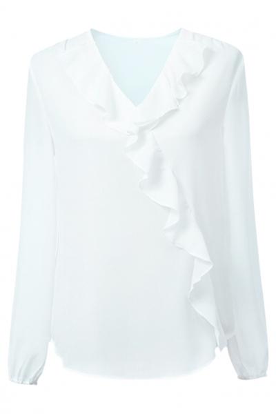 Oasap Stylish White Ruffles Pattern Blouse