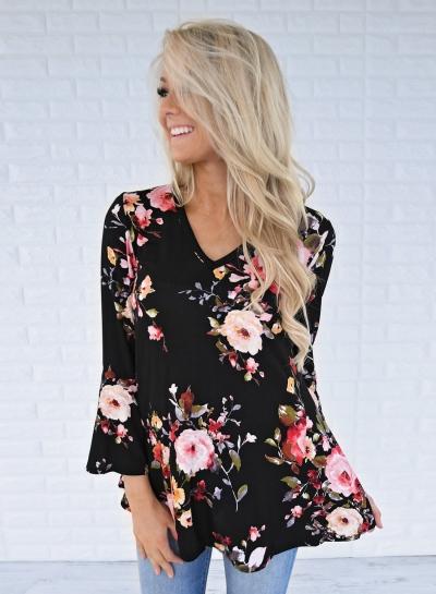 Oasap Flare Sleeve V Neck Floral Print Blouse