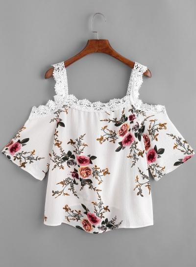 Oasap Spaghetti Strap Lace Hem Floral Printed Tees