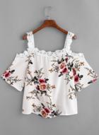 Oasap Spaghetti Strap Lace Hem Floral Printed Tees