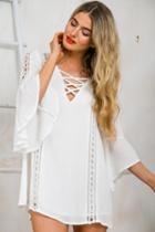 Oasap Chic White Lace-up Front Flare Sleeve Dress