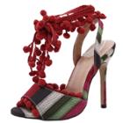 Oasap Open Toe Ankle Lace-up Stiletto Sandals With Pom Pom