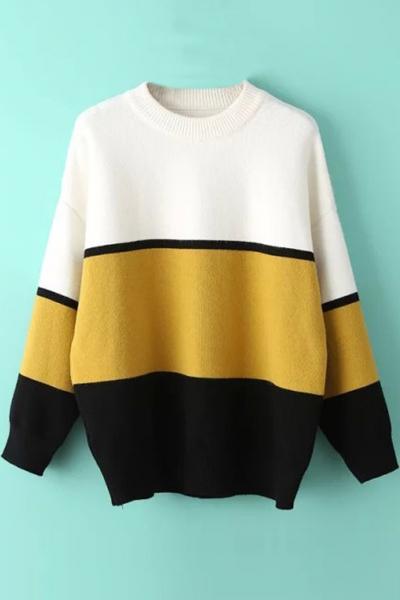 Oasap Fancy Color Block Round Neck Knit Sweater