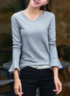 Oasap V Neck Flare Sleeve Solid Color Pullover Slim Fit Sweater