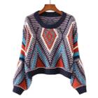 Oasap Round Neck Long Sleeve Geometric Patterned Pullover Sweater