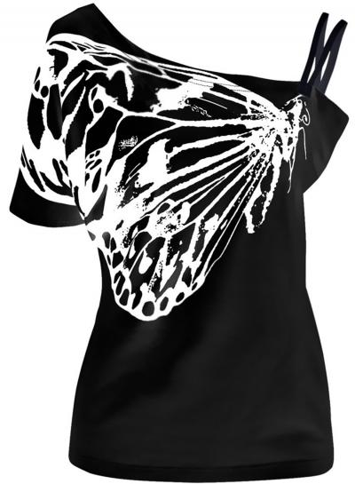 Oasap Butterfly Print One Shoulder Short Sleeve Tee Shirt