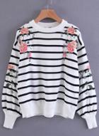 Oasap Round Neck Long Sleeve Striped Floral Embroidery Sweater