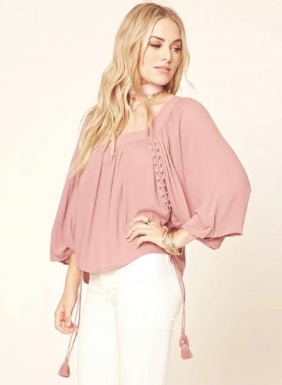 Oasap Fashion Long Sleeve Lace-up Pullover Blouse