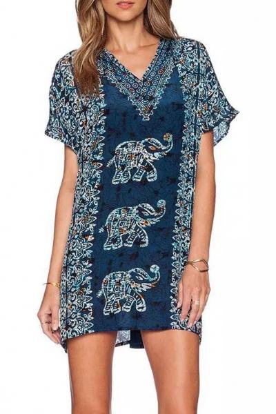 Oasap Vintage Elephant Print V Neck Dress