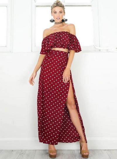 Oasap Polka Dot Off Shoulder Ruffle Top Maxi Skirt Set