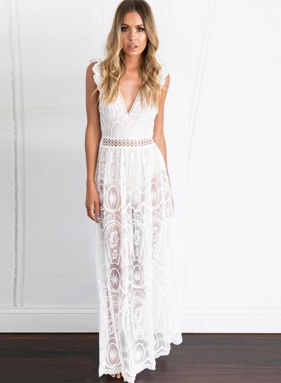 Oasap V Neck High Waist Sheer Lace Maxi Dress