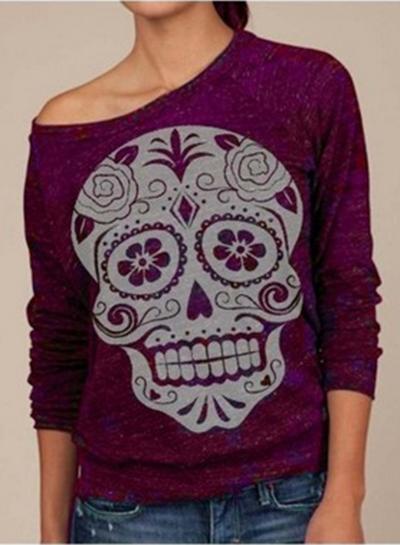 Oasap Fashion Long Sleeve Halloween Skull Loose Fit Tee