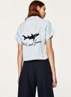 Oasap Casual Short Sleeve Shark Printed Button Down Shirt