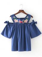 Oasap Embroidered Square Neck Cut Out Loose Blouse