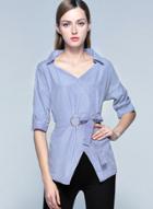 Oasap 3/4 Sleeve One Shoulder Striped Blouse With Belt
