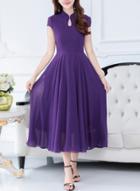 Oasap Vintage Solid Color Cap Sleeve High Waist Chiffon Maxi Dress