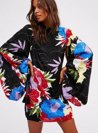 Oasap Long Sleeve Backless Floral Printed Mini Dress
