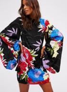Oasap Long Sleeve Backless Floral Printed Mini Dress