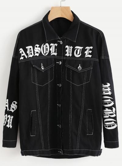 Oasap Turn Down Collar Letters Printed Denim Coats
