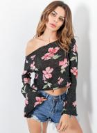 Oasap Slash Neck One Shoulder Floral Print Tee Shirt