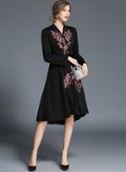 Oasap V Neck Long Sleeve Floral Embroidery Midi Dress With Belt