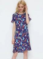 Oasap Crew Neck Ruffles Printed Short Sleeve Dress