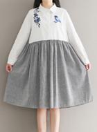 Oasap Embroidered Front Stripe Contrast Shirt Dress
