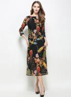 Oasap Three Quarter Length Sleeve Floral Printed Chiffon Dresses