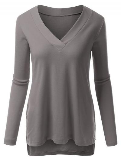Oasap Women's Solid Color V Neck Side Slit High Low Tee