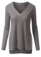 Oasap Women's Solid Color V Neck Side Slit High Low Tee