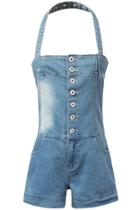 Oasap Sweet Button Front Bodycon Halter Denim Romper