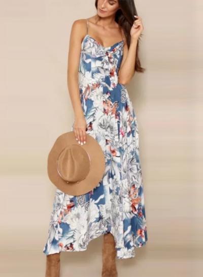 Oasap Spaghetti Strap Floral Elasticity Maxi Dress
