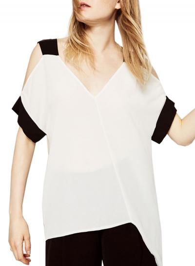 Oasap Women Color Block Open Shoulder V Neck Chiffon Blouse