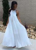 Oasap Solid Color Off Shoulder Sleeveless Pleated Maxi Dress